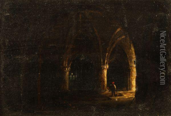 A Figure By A Fire In A Gothic Cathedral Interior Oil Painting - James Nasmyth