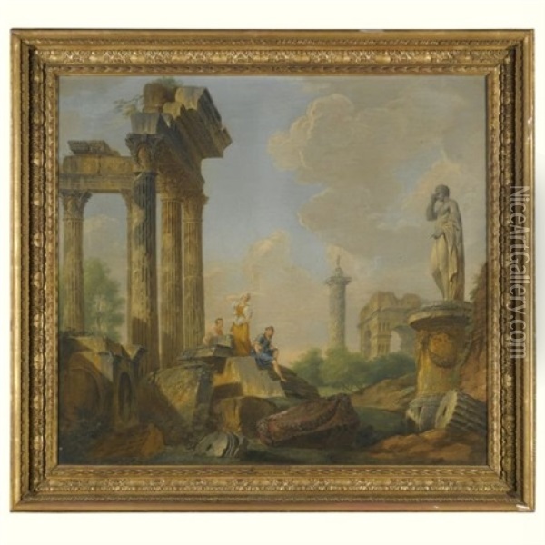 Figures Conversing Among Roman Ruins Oil Painting - Giovanni Paolo Panini