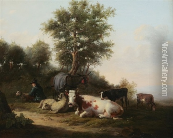 Schafer Mit Seinen Tieren Am Waldrand Oil Painting - Johann Bernard Klombeck