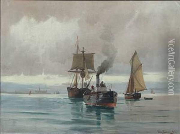 Seascape With Sailing Ships And Steamer, In The Background Kronborg Castle Oil Painting - Vilhelm Victor Bille