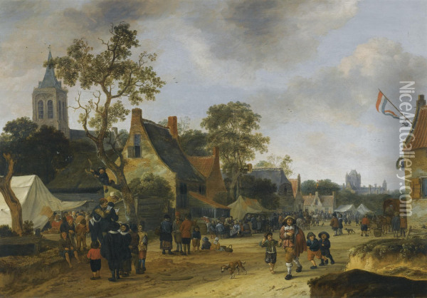A Village Kermesse With Numerous Figures And Market Stalls Oil Painting - Salomon Rombouts