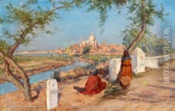 From Agra With A View Of Taj Mahal Oil Painting - Holger Hvitfeldt Jerichau