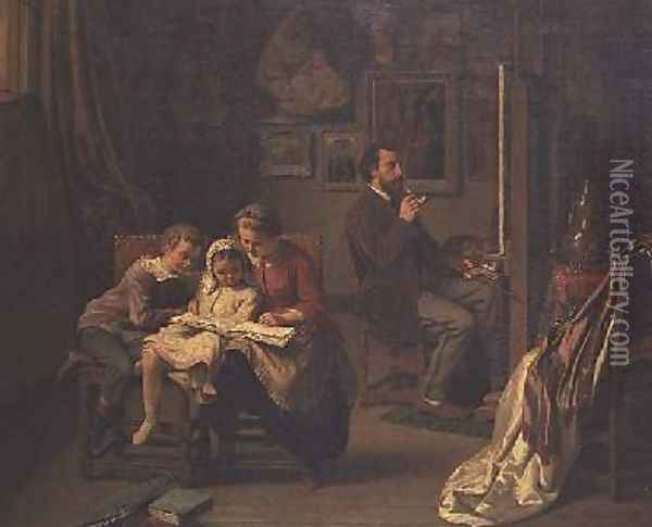 The artist with his children in his studio Oil Painting - Basile De Loose