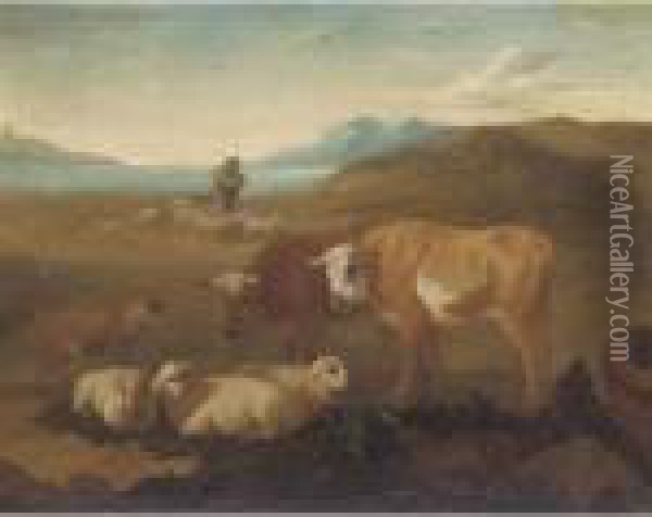 An Italianate Landscape With 
Cattle And Sheep In The Foreground, A Shpeherd And His Flock Beyond Oil Painting - Johan Heinrich Roos