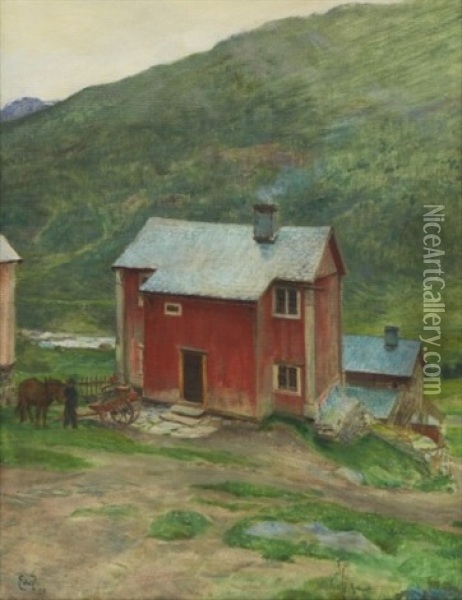 Rod Stuga I Fjordlandskap Oil Painting - Eilif Peterssen