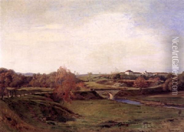 A View Of A Village In An Extensive Landscape Oil Painting - Jean Ferdinand Monchablon