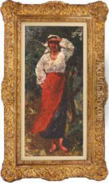 Peasant Girl In The Vineyard Oil Painting - Octav Bancila