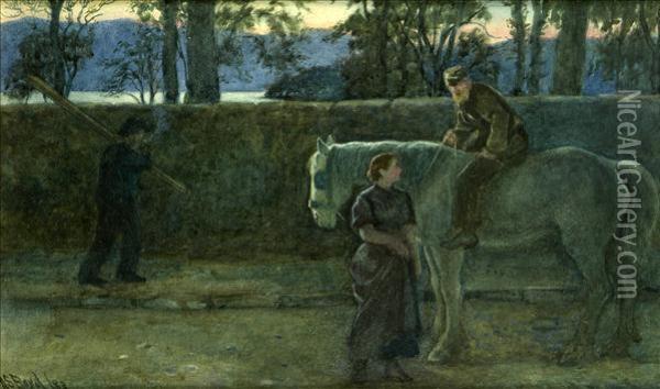 Dusk,figures Conversing In A Lakeside Lane Oil Painting - Alexander Stuart Boyd