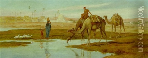 Kameler Og Kvinde Med Barn Ved Vandhul I Orkenen, I Baggrunden By Oil Painting - Frederick Goodall