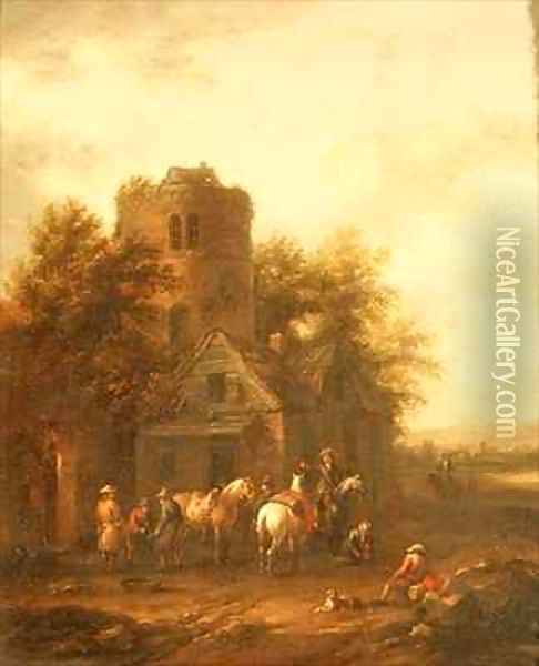 Riders Watering their Horses Outside a Tavern Oil Painting - Barend Gael or Gaal