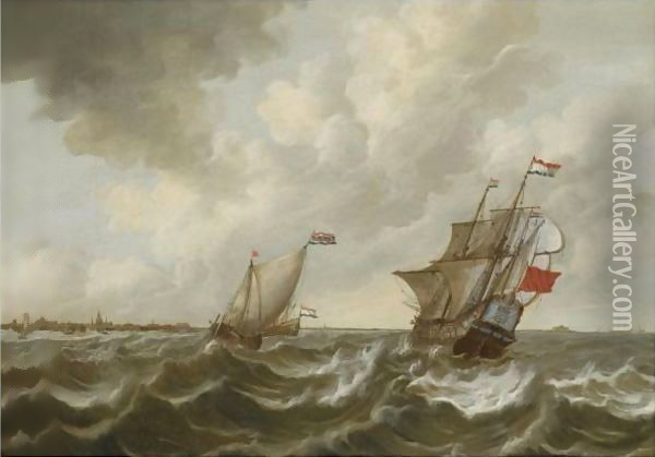 Dutch Shipping In Stormy Waters, Off The Coast Of Middelburg, With A View Of Vlissingen And The Fort Rammekens In The Distance Oil Painting - Pieter Jansz. Coopse