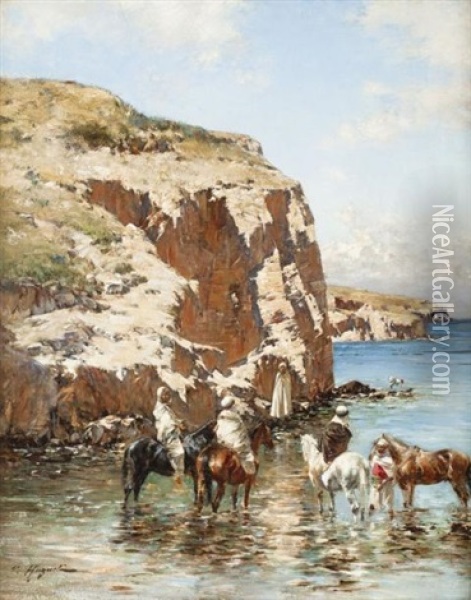 Cavaliers Au Bord De Mer Oil Painting - Victor Pierre Huguet