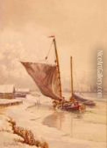 Barges At Winter Oil Painting - Stephen John Batchelder