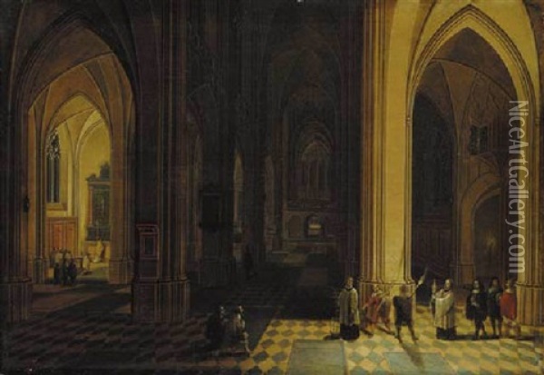 The Interior Of A Gothic Cathedral At Night With A Procession In The Foreground Oil Painting - Peeter Neeffs the Elder