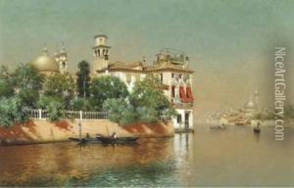 A Venetian View With Gondolas On A Canal Oil Painting - Warren W. Sheppard