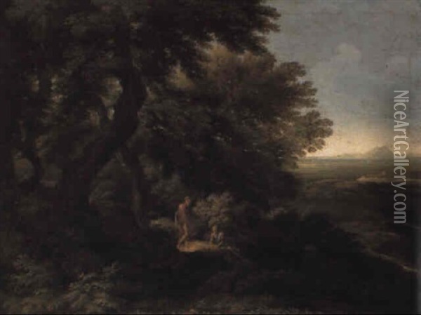 A Classical Landscape With Figures Conversing Near A Wood Oil Painting - Gaspard Dughet
