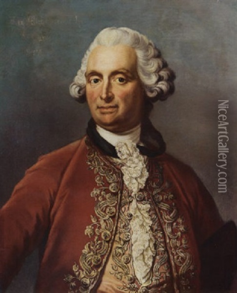 Portrait Of A Gentleman (sir John Goodriche Bt.?) In A Red Coat With Brocade And A Pink Waistcoat Oil Painting - Giacomo Ceruti