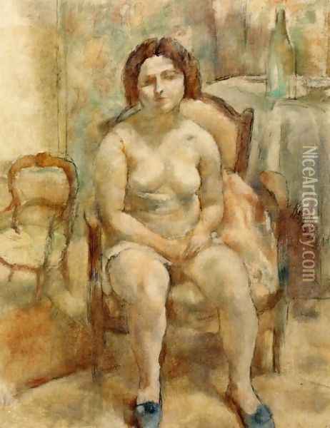 Seated Nude with Blue Slippers Oil Painting - Jules Pascin