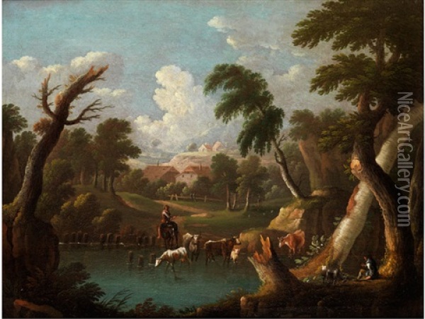 Bergige Landschaft Mit Trinkendem Vieh Oil Painting - Johann Georg Von Bemmel