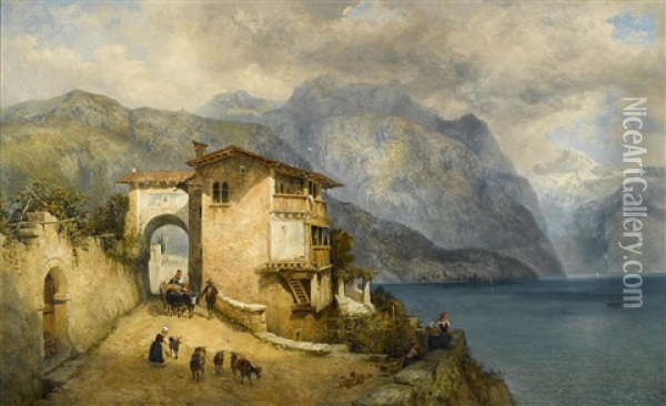 On A North Italian Lake Oil Painting - George Edwards Hering