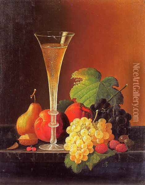 Fruit and a Glass of Champagne on a Tabletop Oil Painting - Severin Roesen