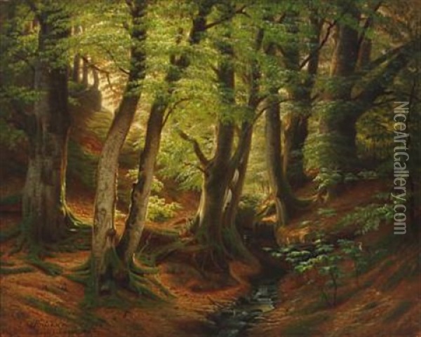Spring Forest With A Minor Stream Oil Painting - Eiler Rasmussen Eilersen