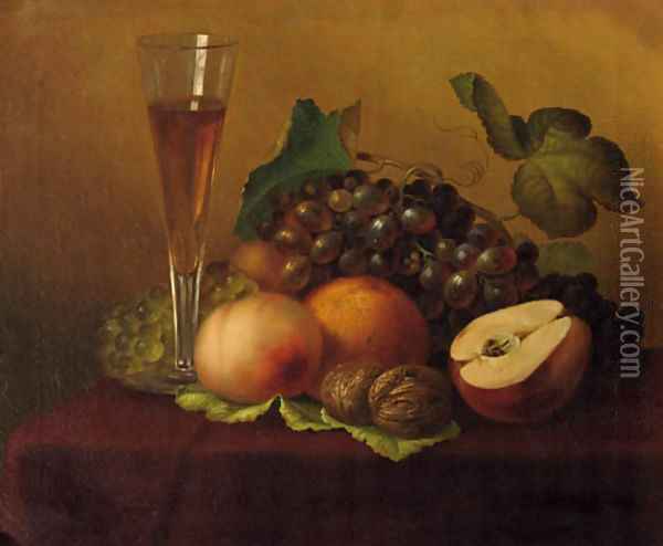 An autumn still life with grapes, walnuts, a glas of wine and a pear Oil Painting - Emilie Preyer