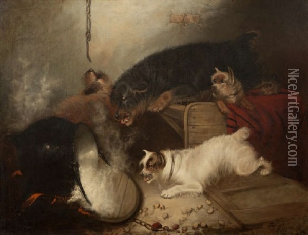 Terriers Knock Over A Pot Oil Painting - George Armfield