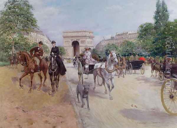 Riders and Carriages on the Avenue du Bois, c.1900 Oil Painting - Georges Stein