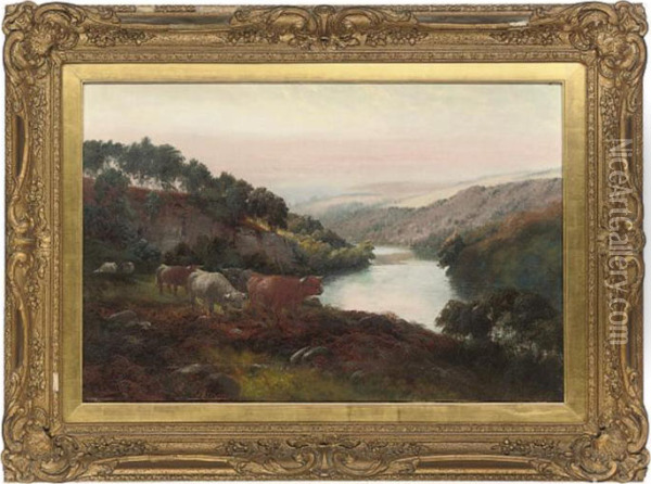 Scottish Borderers, Near Carlisle, Cumberland; And Highland Cattle, Loch Maree, Sunset Oil Painting - Henry R. Hall