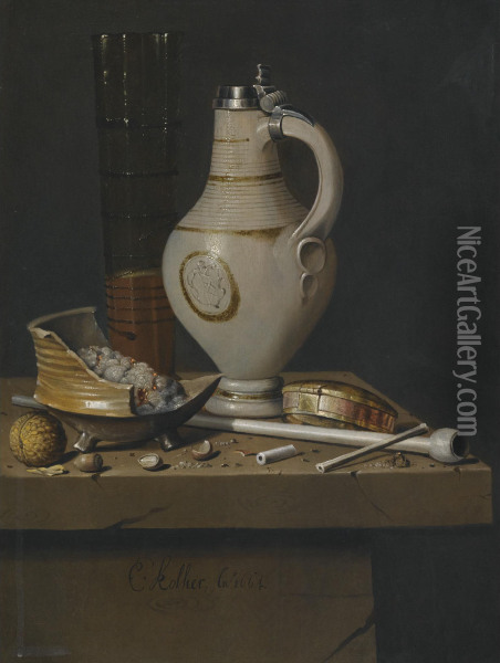 A 'toebakje' Still Life Of Smoker's Requisites, A Jug And A Tall Glass Partly Filled With Beer Oil Painting - Edwart Collier