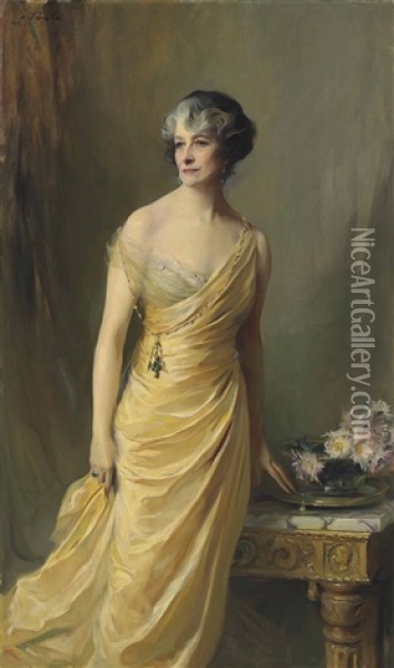Lady Ludlow, Nee Alice Sedgwick Mankiewicz (previously Lady Wernher), Standing, Three-quarter-length, In A Yellow Evening Dress Oil Painting - Philip Alexius De Laszlo