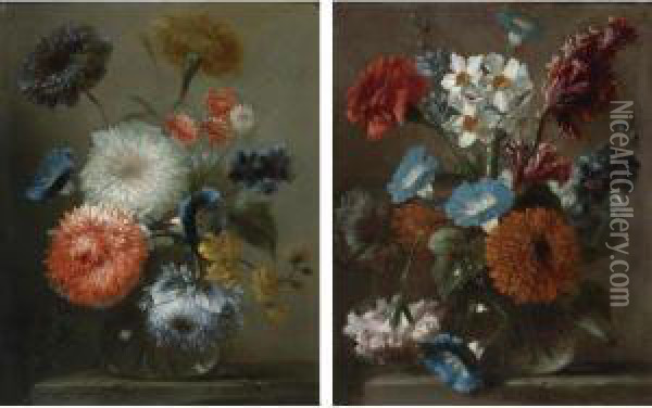 Still Lifes Of Carnations And Other Flowers In Glass Vases Oil Painting - Frans Werner Von Tamm