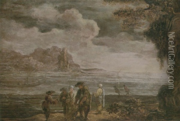 A Coastal Landscape With Fishermen Drawing In Their Nets Oil Painting - Jan de Momper