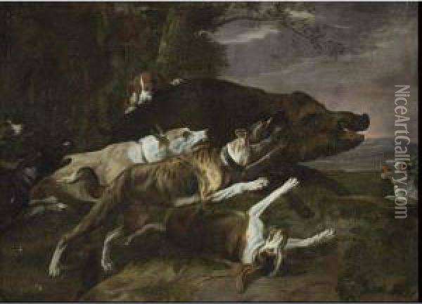 Hounds Assailing A Boar In A Wooded Landscape Oil Painting - Peeter Boel