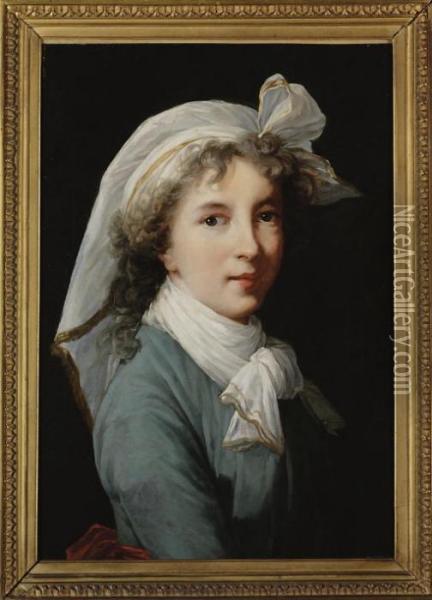 Self-portrait, Half-length, In A Blue Dress And Red Sash, With A White Headdress Oil Painting - Elisabeth Vigee-Lebrun