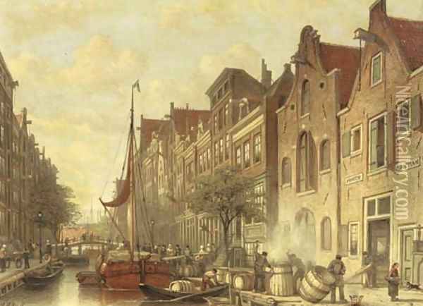 Barrelmakers De Haan en Zonen on the busy Elandsgracht, Amsterdam Oil Painting - Johan Adolph Rust