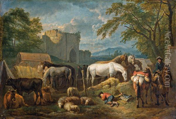Rastende Pferde Vor Kastell In Sudlicher Landschaft Oil Painting - Pieter van Bloemen