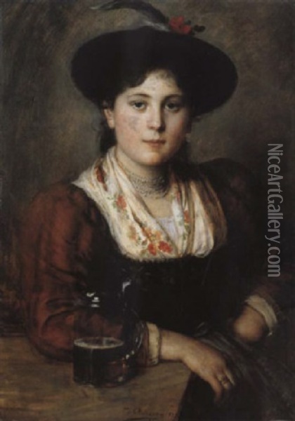 Junge Bauerin Mit Einem Bierkrug Am Wirtshaustisch Sitzend Oil Painting - Franz Von Defregger