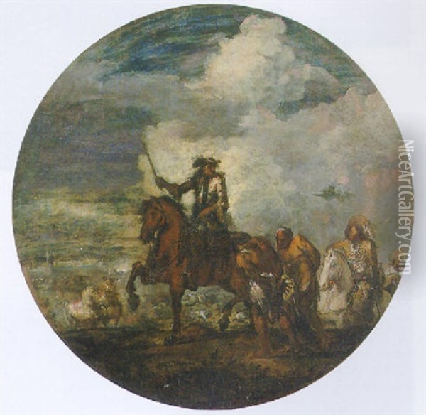 A Cavalryman Leading Prisoners On A Battlefield Oil Painting - Francesco Simonini