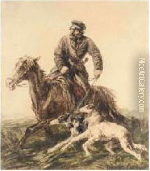 The Huntsman With Two Borzoi Oil Painting - Pyotr Fyodorovich Sokolov