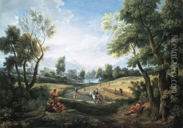 An Extensive River Landscape With Peasants During The Harvest, Alakeside Town Beyond Oil Painting - Jan Frans Van Bloemen (Orizzonte)