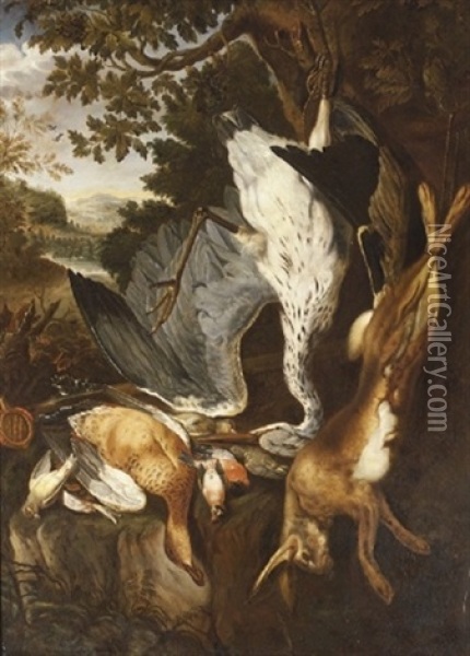 Nature Morte Med Ophaengt Fuglevildt Og Hare, I Baggrunden Det Abne Land Oil Painting - Felice Boselli