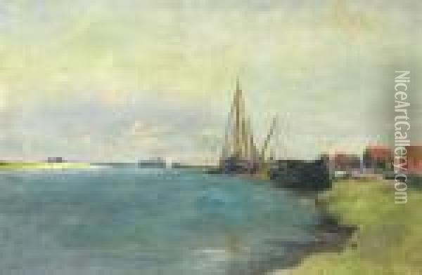 Moored Boats Oil Painting - Eugene Boudin