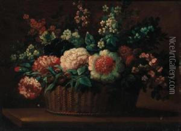 Carnations, Roses And Other Flowers In A Basket On A Ledge Oil Painting - Anne Vallayer-Coster