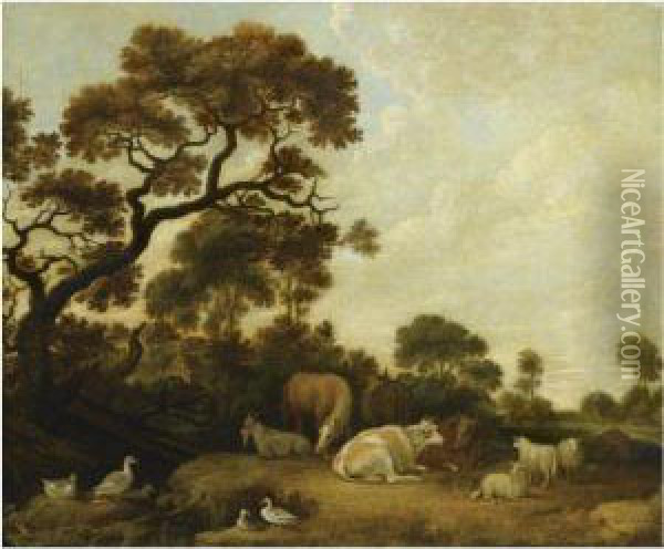 Horses, Cows, A Goat And Sheep In A Wooded Landscape, Near Apond With Ducks Oil Painting - Gillis Claesz De Hondecoeter