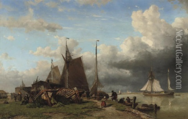 A Busy Shipyard With Vessels Of The Noord-zuid Hollandsche Reddingsmaatschappij On The Quay Oil Painting - Willem Anthonie van Deventer