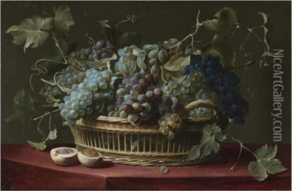 A Still Life With A Basket Of Grapes On The Vine, A Halved Peach On The Ledge Below Oil Painting - Frans Snyders
