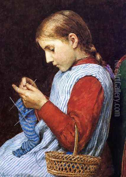 Girl Knitting Oil Painting - Julian Alden Weir