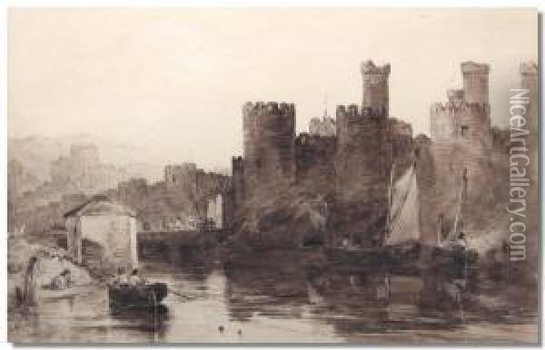 Figures Rowing On A River With Arched Bridge And Castle Beyond Oil Painting - George Sheffield